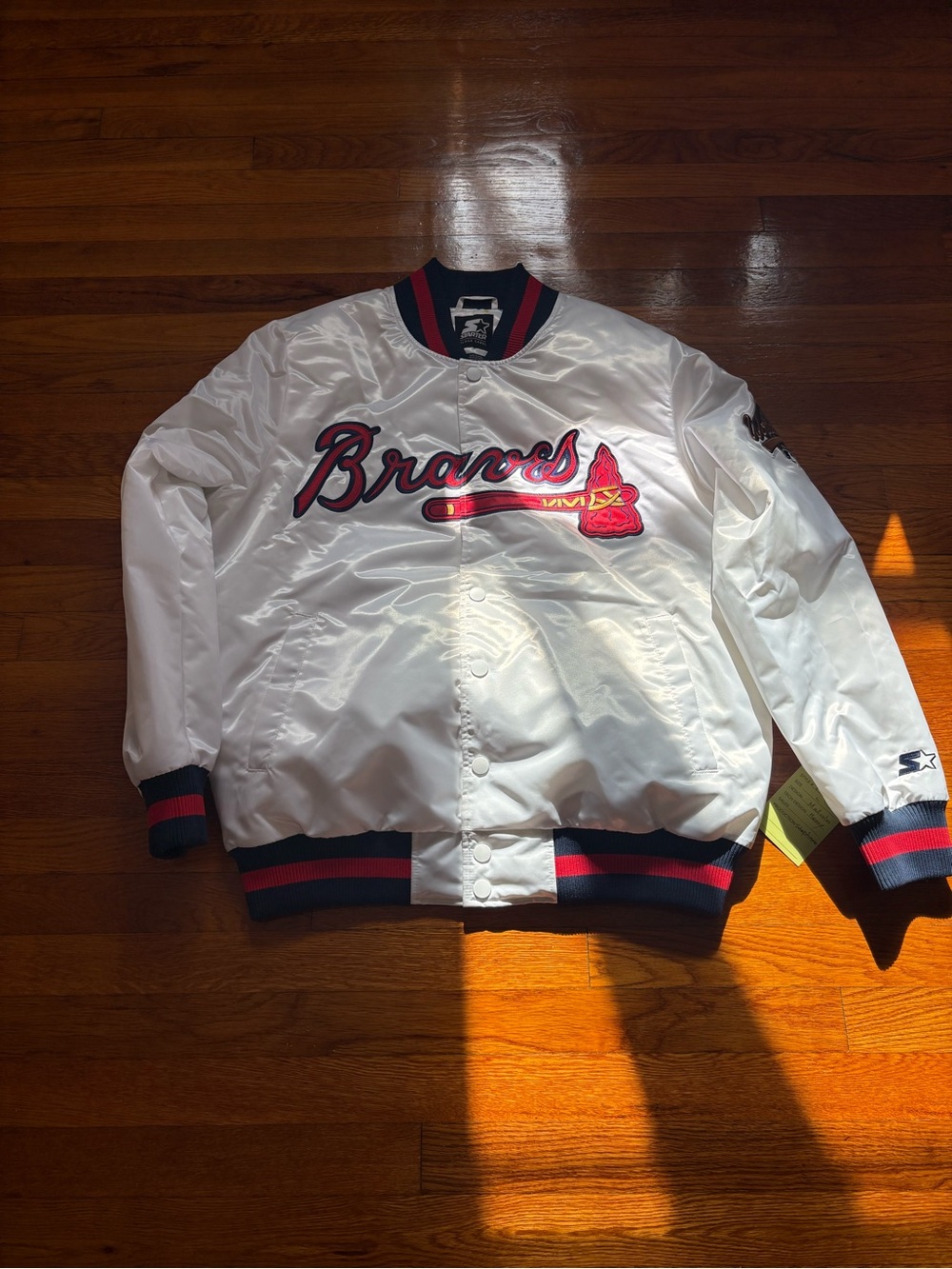 STARTER White Satin Braves Bomber Jacket with Navy & Red Trim